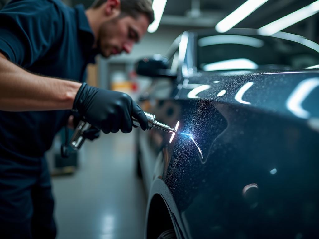 Technician performing paintless dent repair on vehicle
